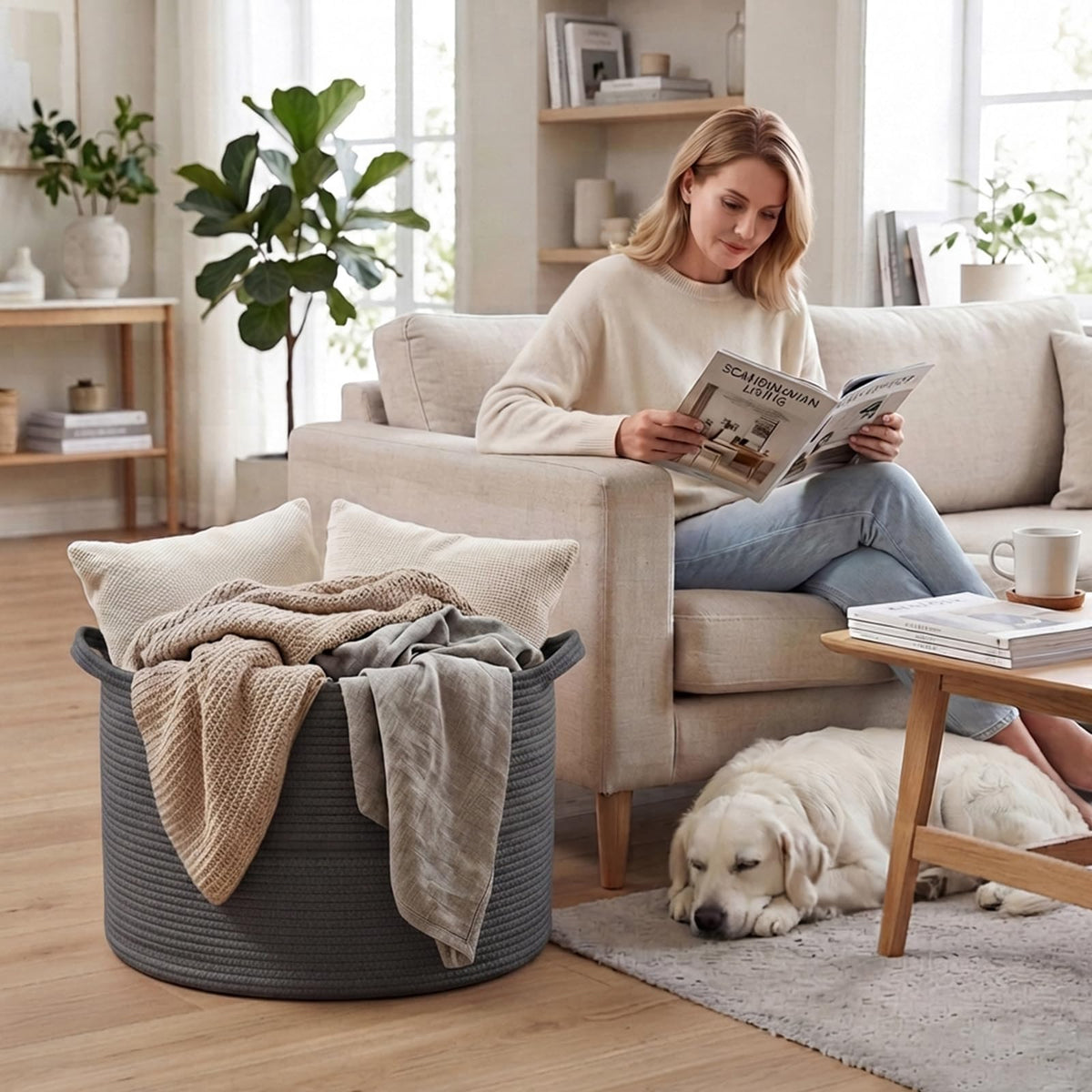 90L Extra Large Blanket Basket,Woven Rope Laundry Basket-Dark Grey