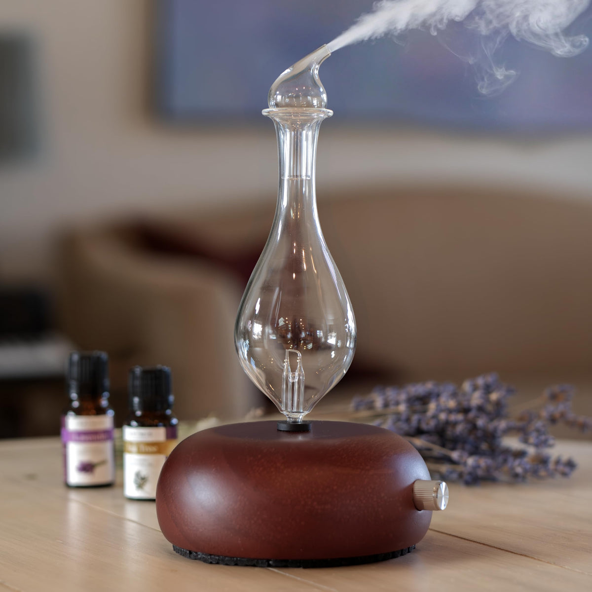 Premium Glass Essential Oils Nebulizer - Waterless Diffuser for Aromatherapy - Handmade Oil Diffuser, Wooden Base, No