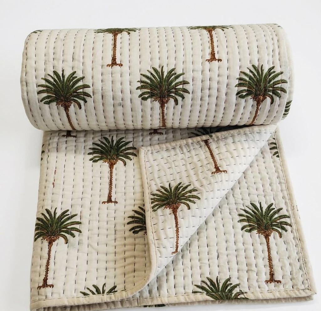 Hand Block Printed Palm Tree Baby Quilt 40x60 Inches, Reversible Cotton Kantha Throw, Tropical Green Tree Soft