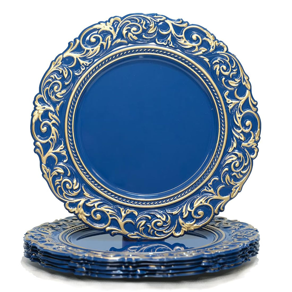 Antique Charger Plates with Gold Rim, 13 Inch Royal Blue Dinner Plate Chargers Round Server Ware, Set of 6 Plastic