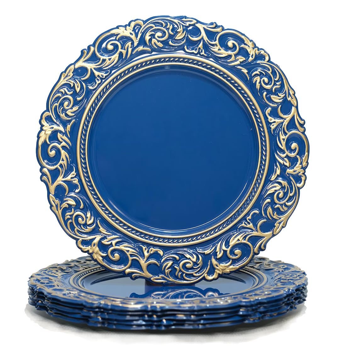 Antique Charger Plates with Gold Rim, 13 Inch Royal Blue Dinner Plate Chargers Round Server Ware, Set of 6 Plastic