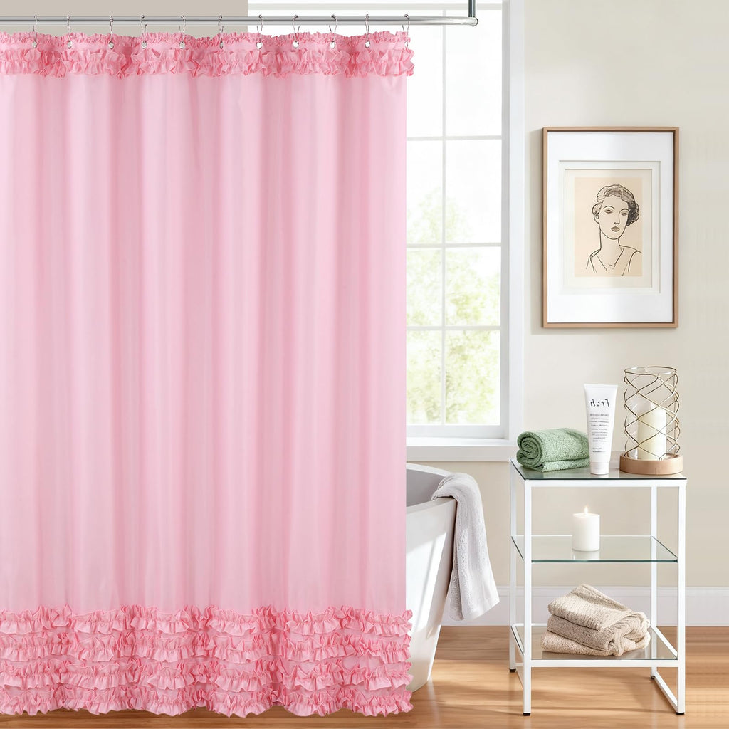 Ruffle, Pink Girls Women Fabric with Delicate Handcrafted Ruffles, Waterproof Ruched Farmhouse Decorative Bathroom