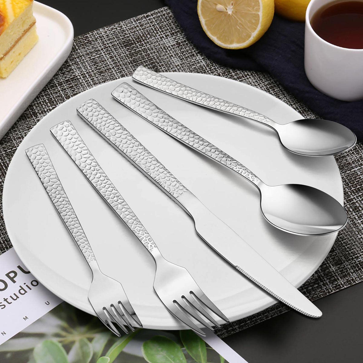 80-Piece Hammered Silverware Set, Stainless Steel Square Flatware Set Service for 16, Tableware Cutlery Set Includes