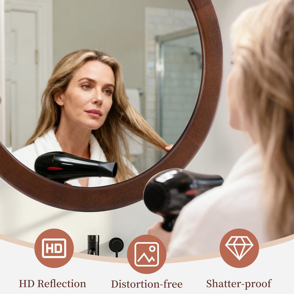 Round Mirrors 30 Inch,Wood Vanity Wall Rustic Mirror With Walnut Frame