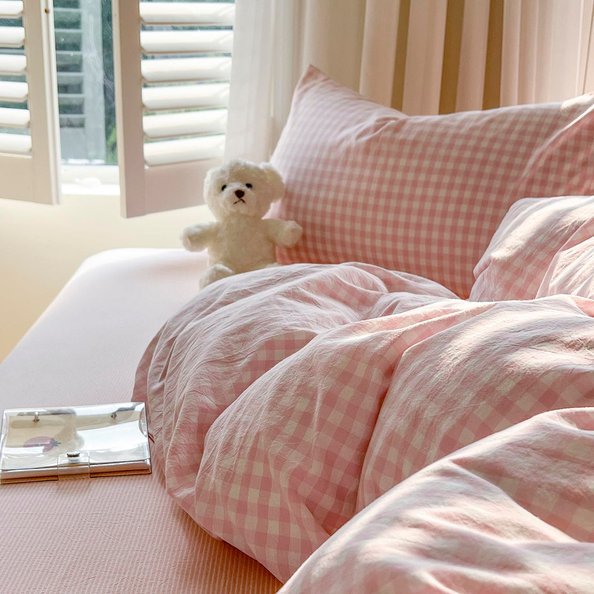 Pink Gingham Duvet Cover Set Cotton (90"x90"), Pink White Plaid