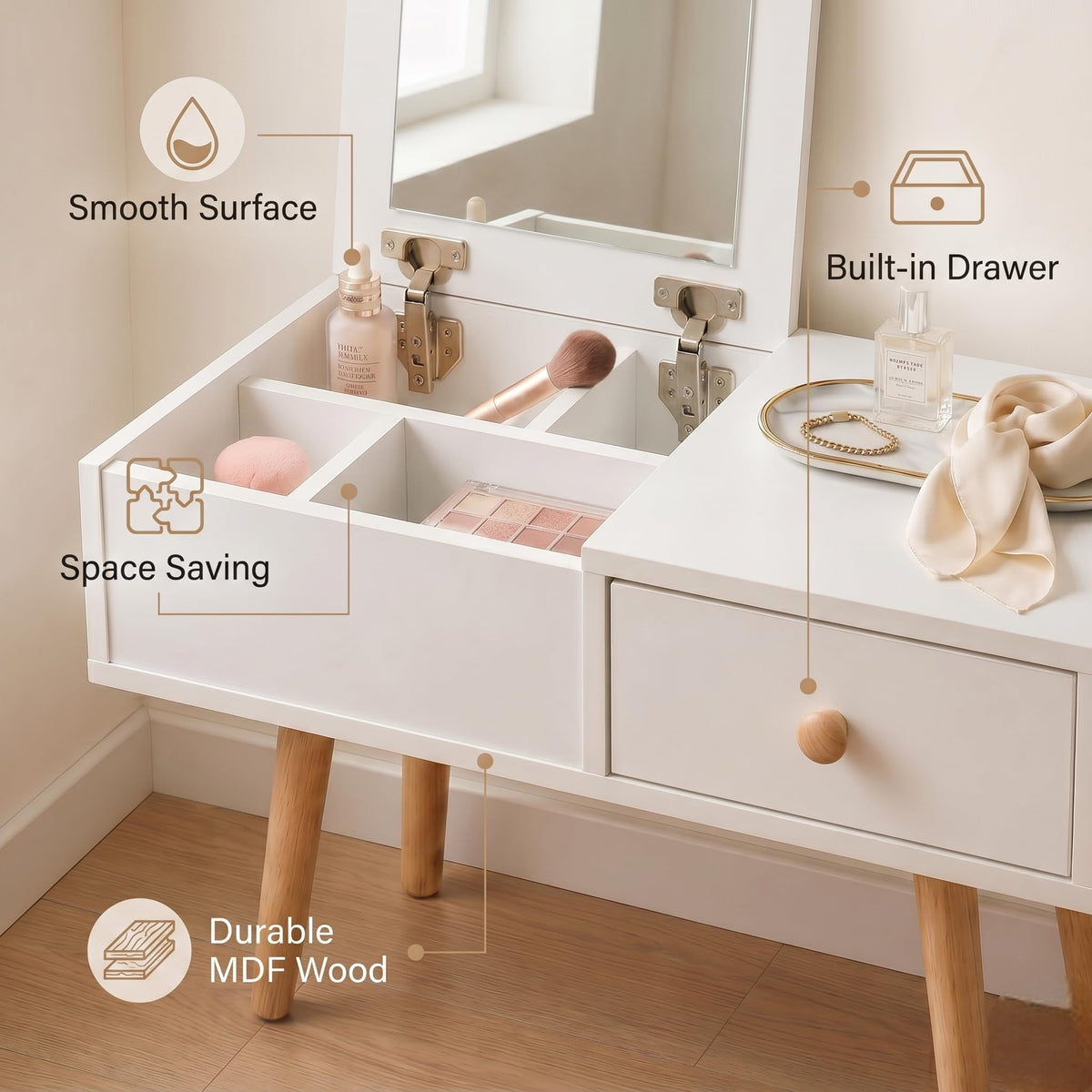 2-in-1 Floor Makeup Vanity & Nightstand - Modern Low-Profile Dressing Table with Solid Wood Legs - Compact Bedroom
