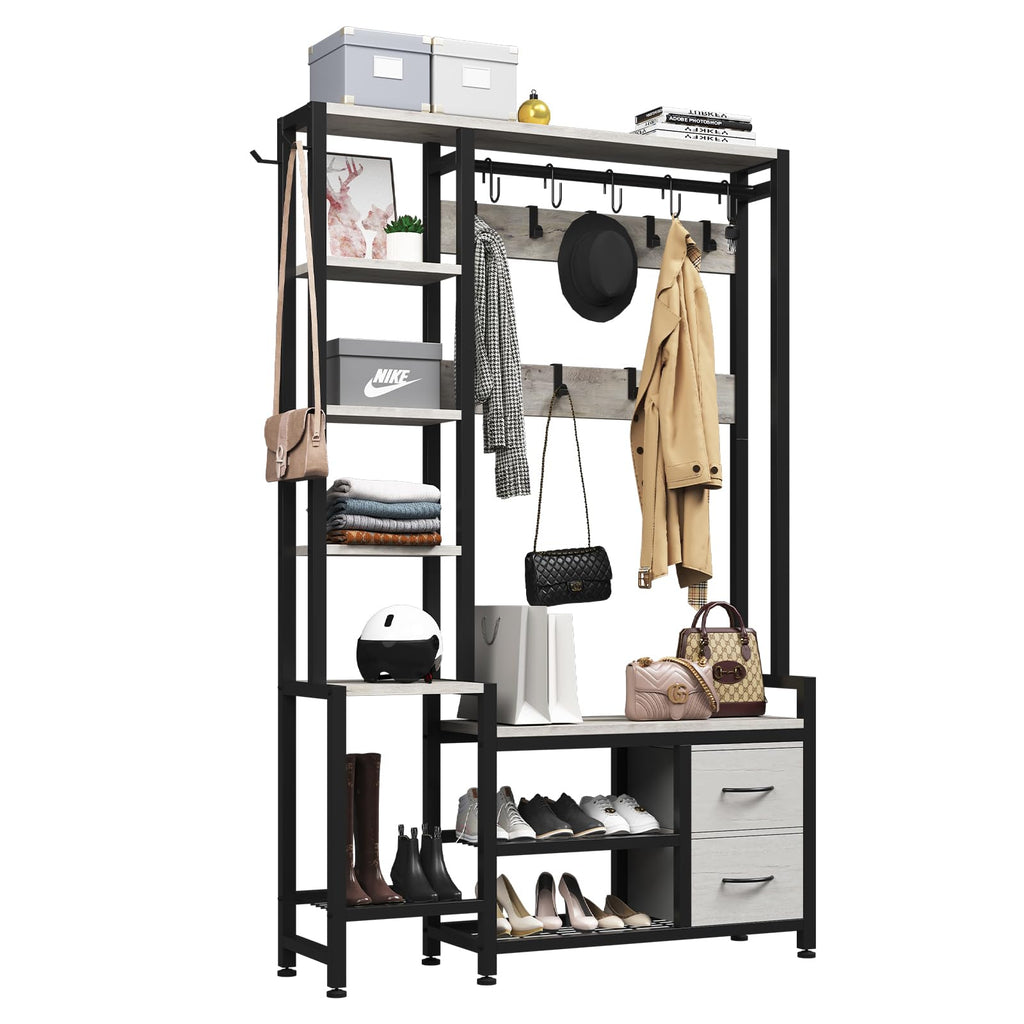 Hall Tree 43", Bench with Shoe Storage, Large Coat Rack Shoe Bench with 5 Tier Shelves, 5 in 1 Design Front Door Shoe
