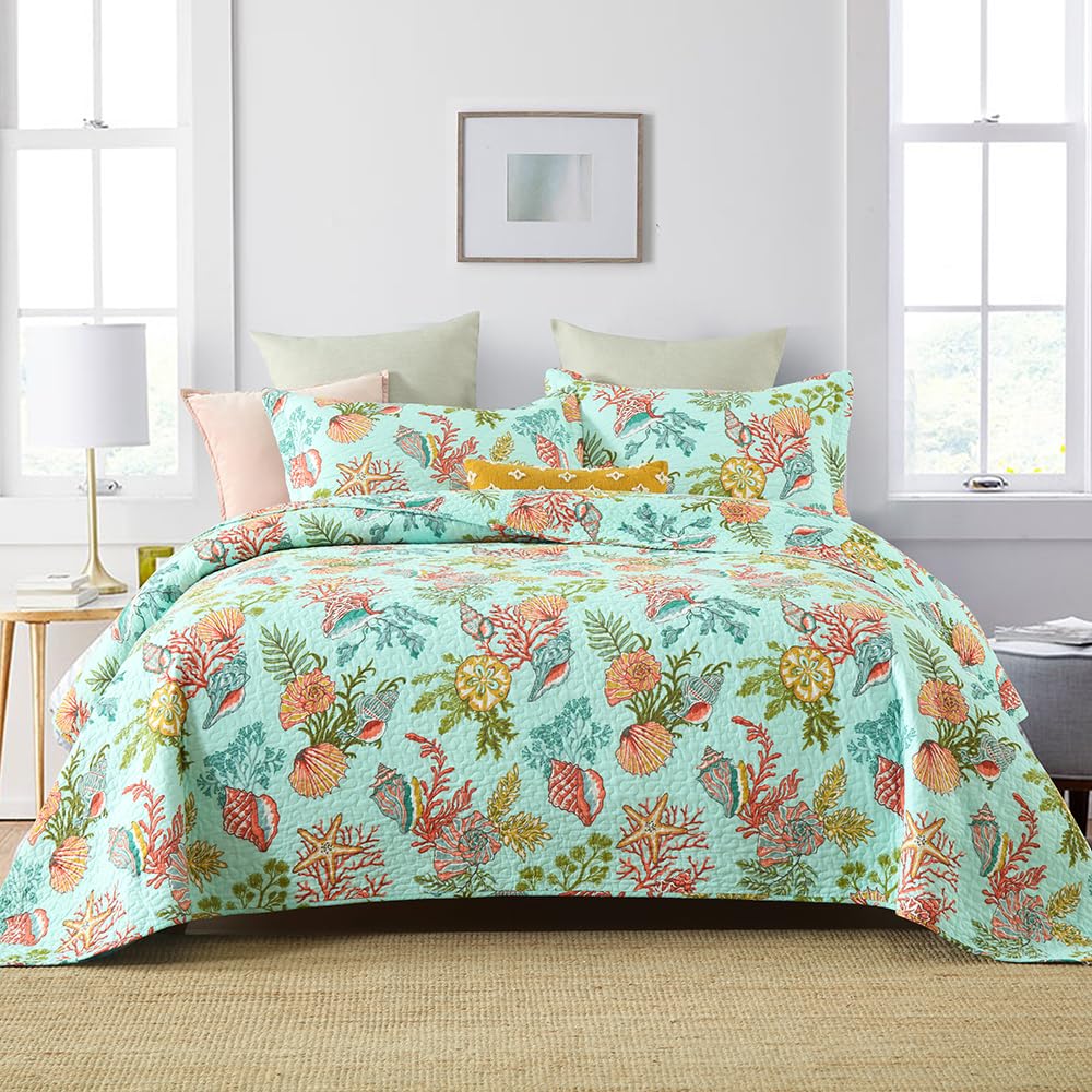 Cotton Coastal Bedspread Quilt Sets Reversible Bedding Coverlet Sets Comforters, Fairytale Starfish Seashell