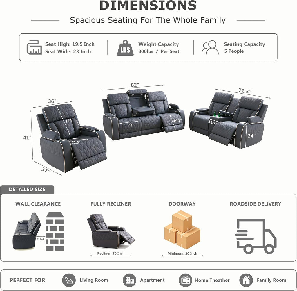 Leather Power Recliner Sofa Set with LED, 3 Piece Living Room Furniture Set, Breathable Leather Reclining Sofa Set