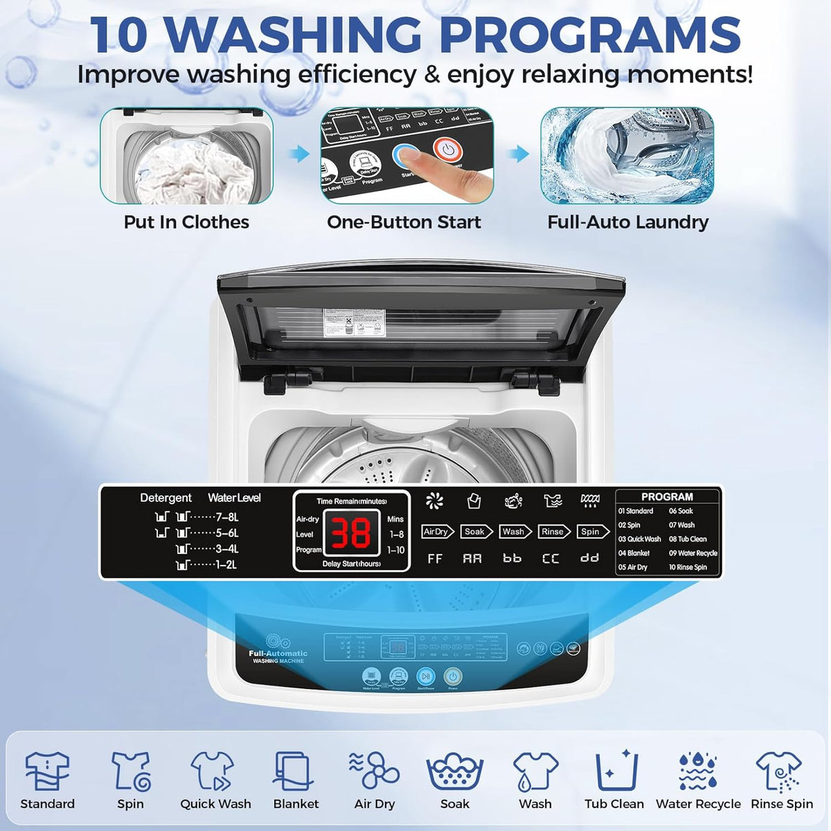 Portable Washing Machine, 20Lbs Capacity Full-Automatic Portable Washer, 2.8Cu.ft Washer and Dryer Combo with 10