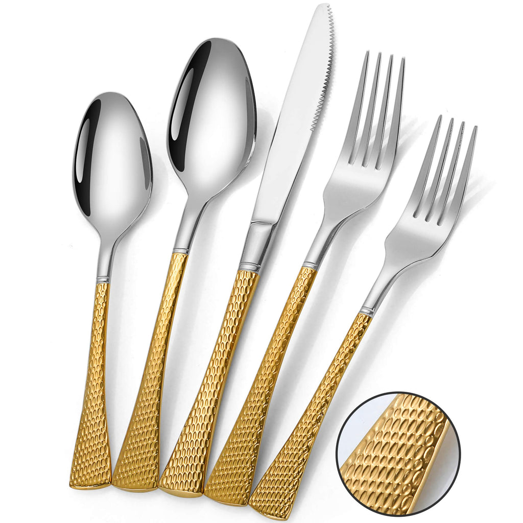 Hammered Silver Gold Silverware Set for 8,Stainless Steel 40-Piece Modern Cutlery Set,Mirror Polished Heavy Duty