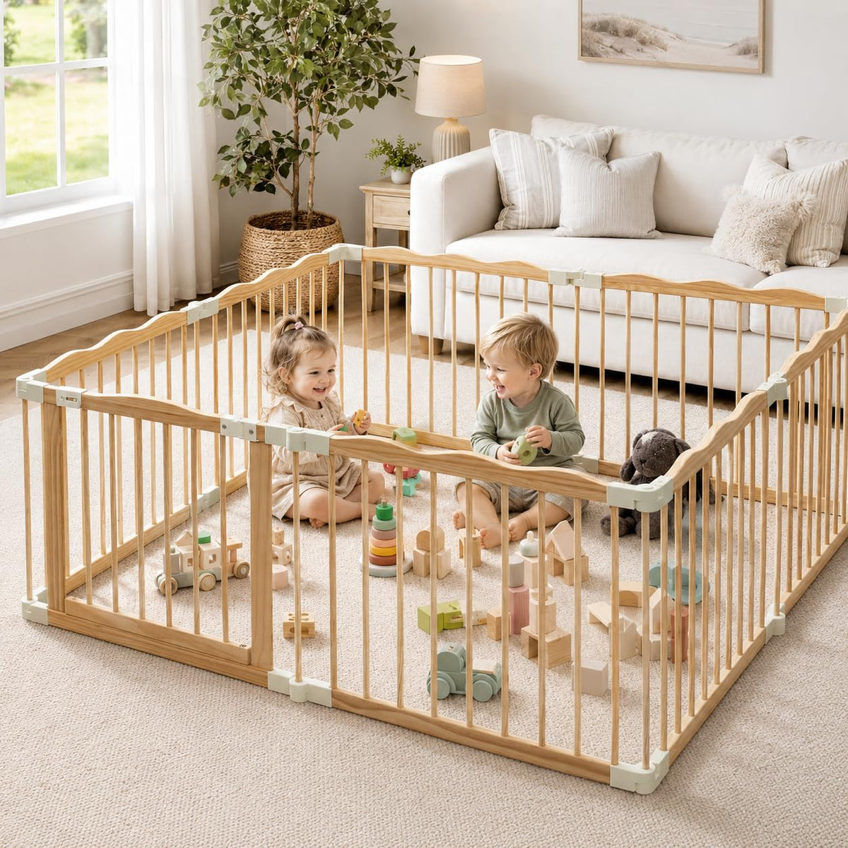 Wooden Baby Playpen Foldable Play Yard with Gate 59"x59" Natural Wood