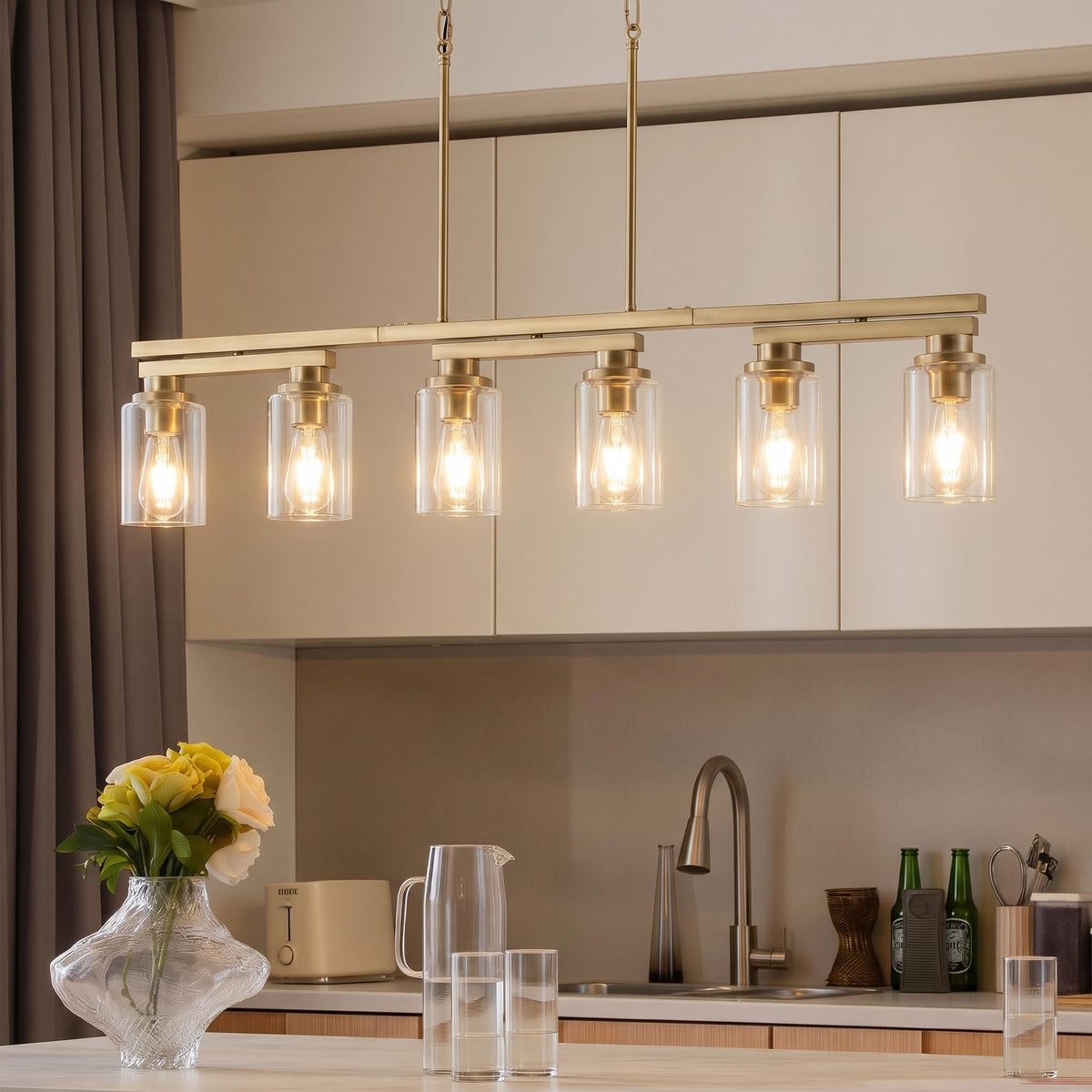 Brushed Gold Linear Chandelier,43.3" Dining Room Light Fixture