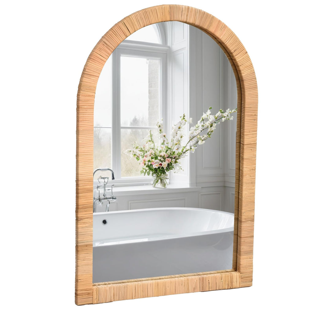 Boho Rattan Wall Mirror 20×30 Inch Arched Natural Rattan Frame - Farmhouse Bathroom Vanity Mirror - Wicker Decorative