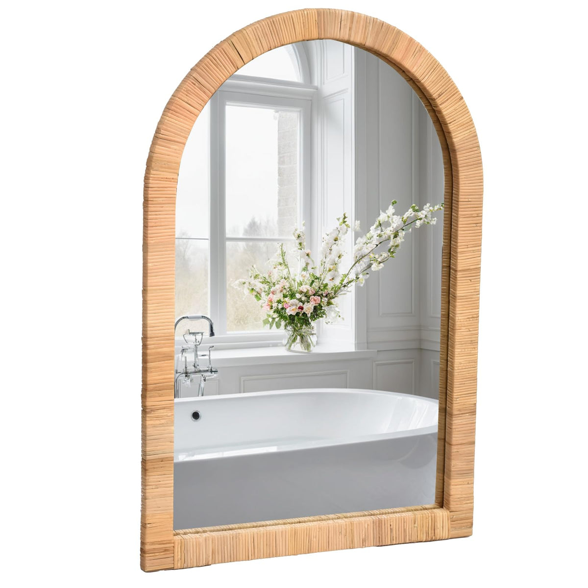 Boho Rattan Wall Mirror 20×30 Inch Arched Natural Rattan Frame - Farmhouse Bathroom Vanity Mirror - Wicker Decorative