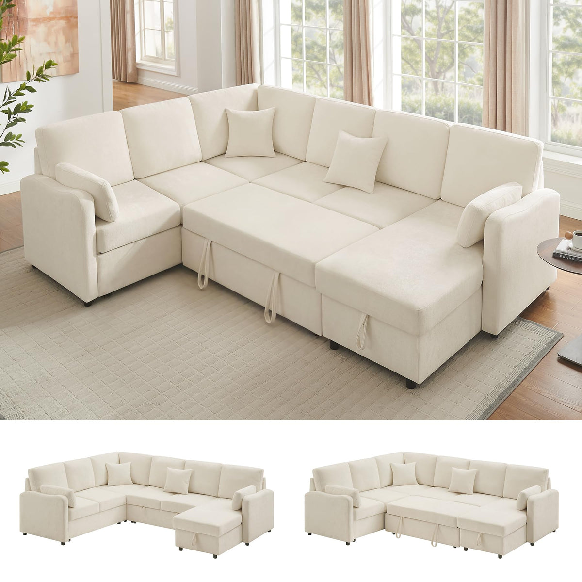 7 Seater 112'' Sectional Sleeper Sofa with Storage, Chenille Beige