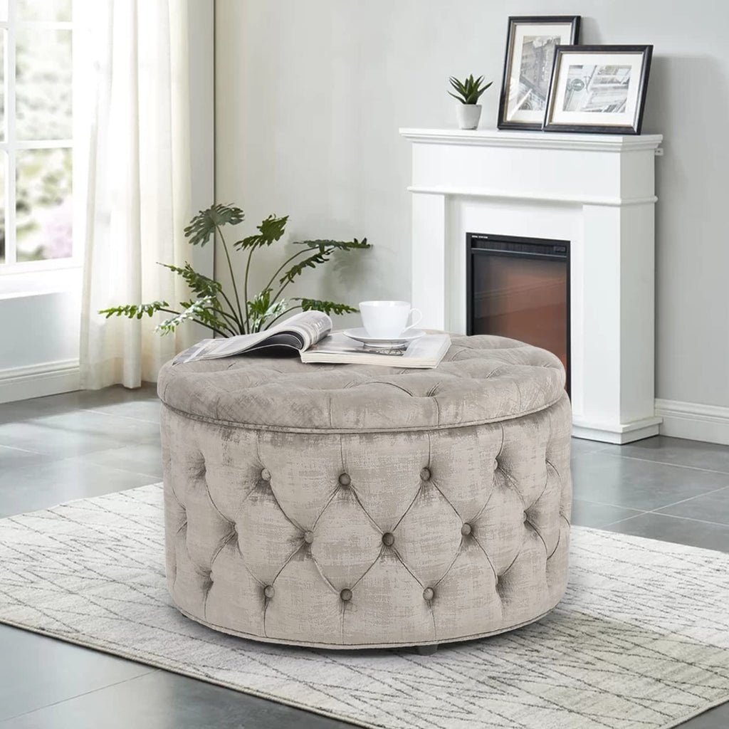 Modern 28 Inch Round Storage Ottomans Chair, Button Tufted Upholstered Ottoman Footstool with Storage Bedroom