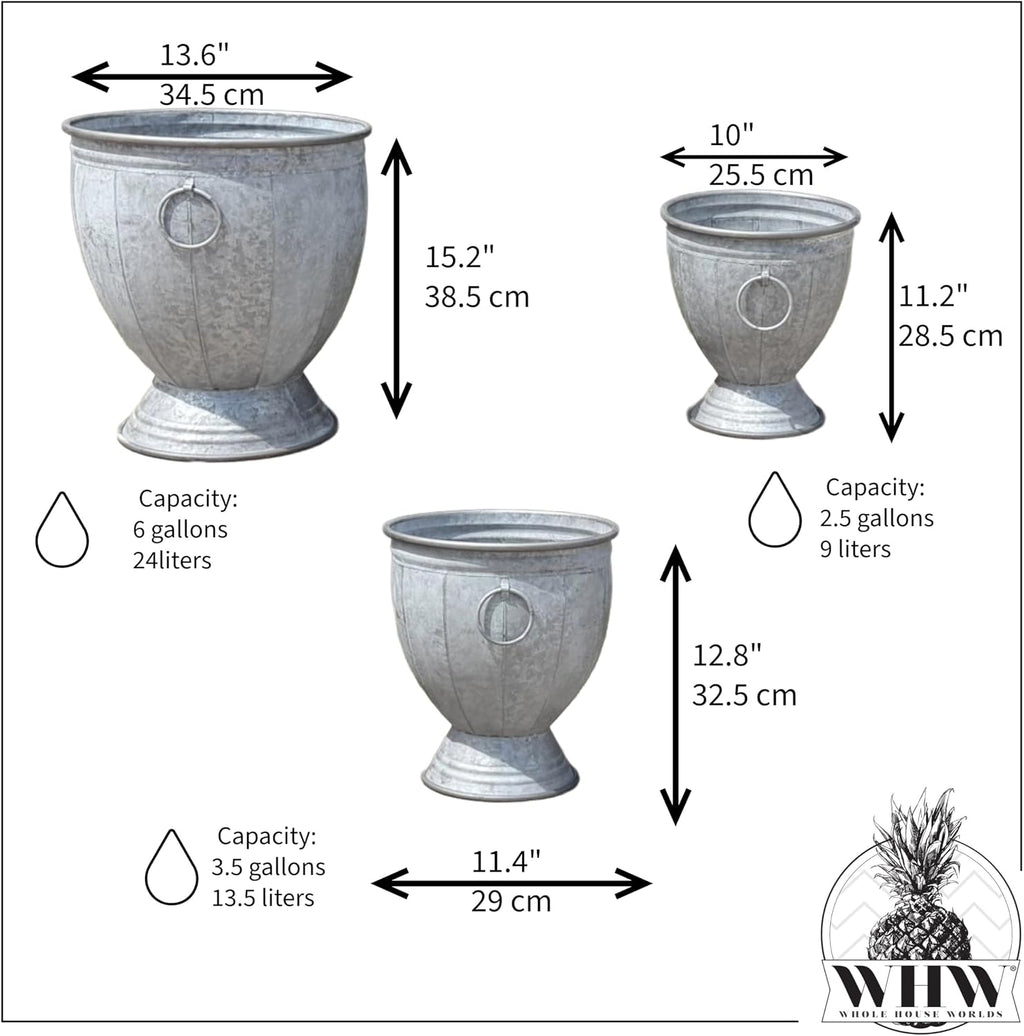 Durham Footed Urn Chubby Belly Planters, Set of 3, Ring Handles, Galvanized Metal, Vintage Grey, Indoor/Outdoor