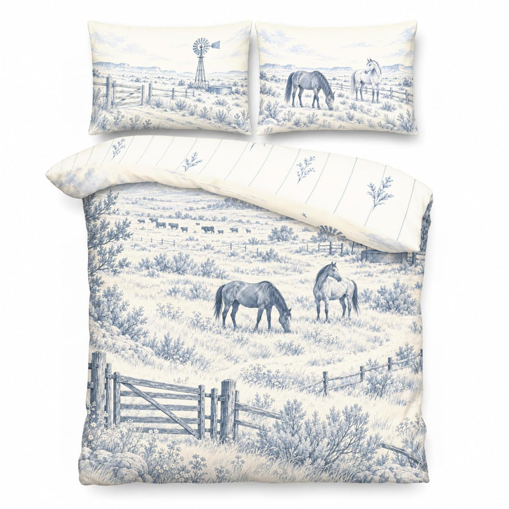 Western Ranch Duvet Cover Set 90x90, Dusty Blue Horse Toile Bedding