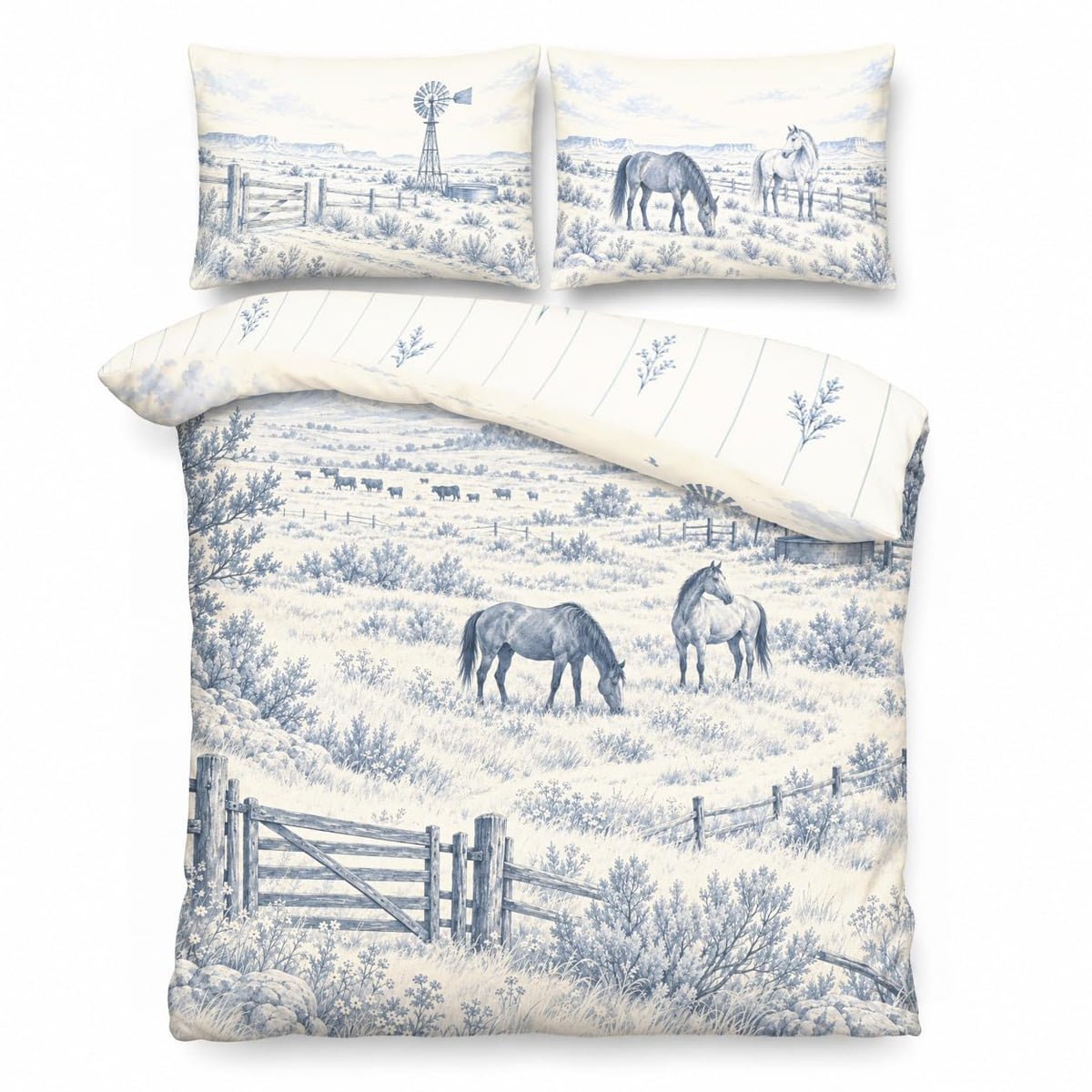 Western Ranch Duvet Cover Set 90x90, Dusty Blue Horse Toile Bedding