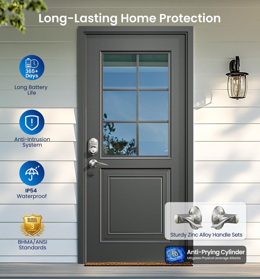 RZ-C Keyless Entry Door Lock with 2 Lever Handles, Satin Nickel