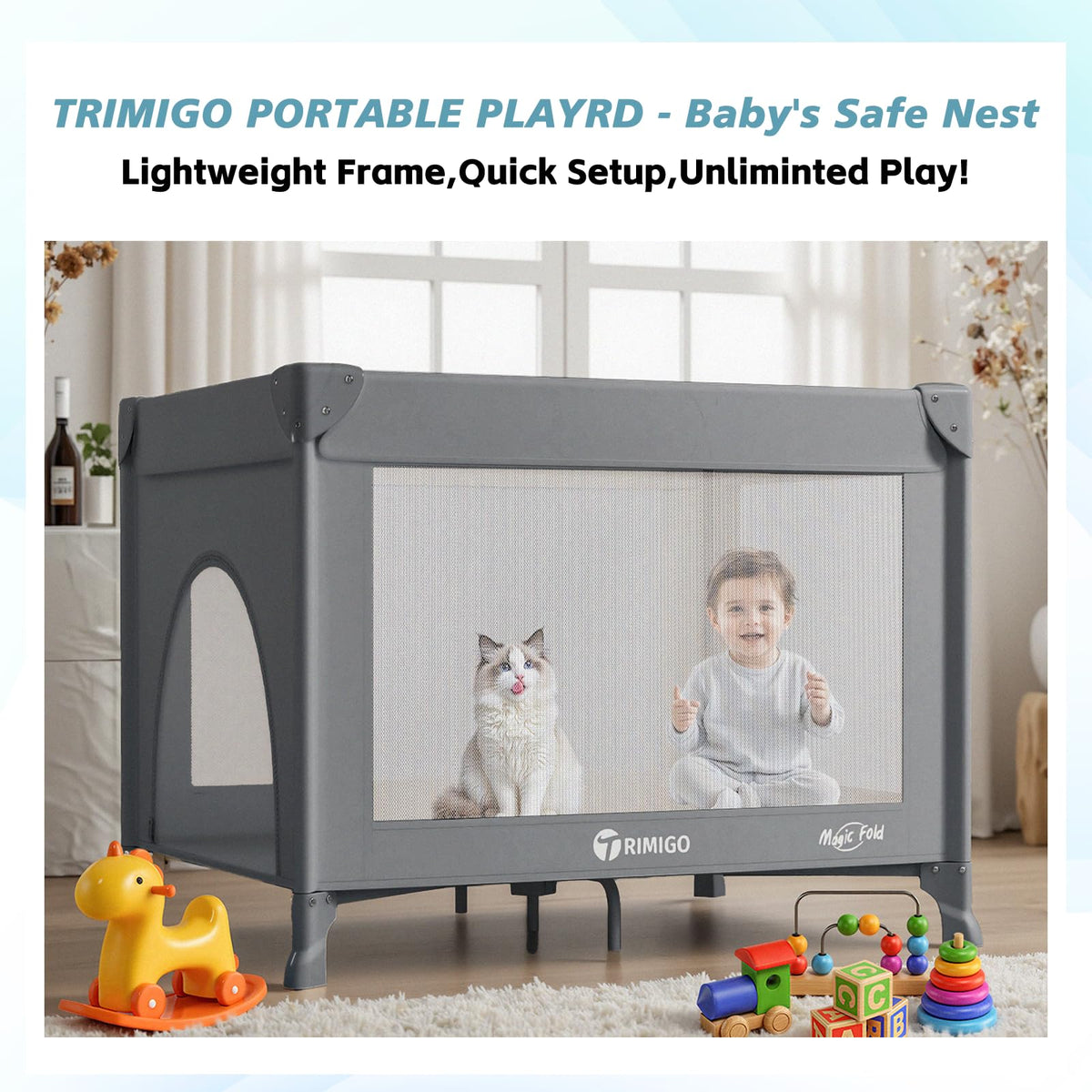 Portable Baby Playard& Playpen with Mattress, Travel Crib, Grey