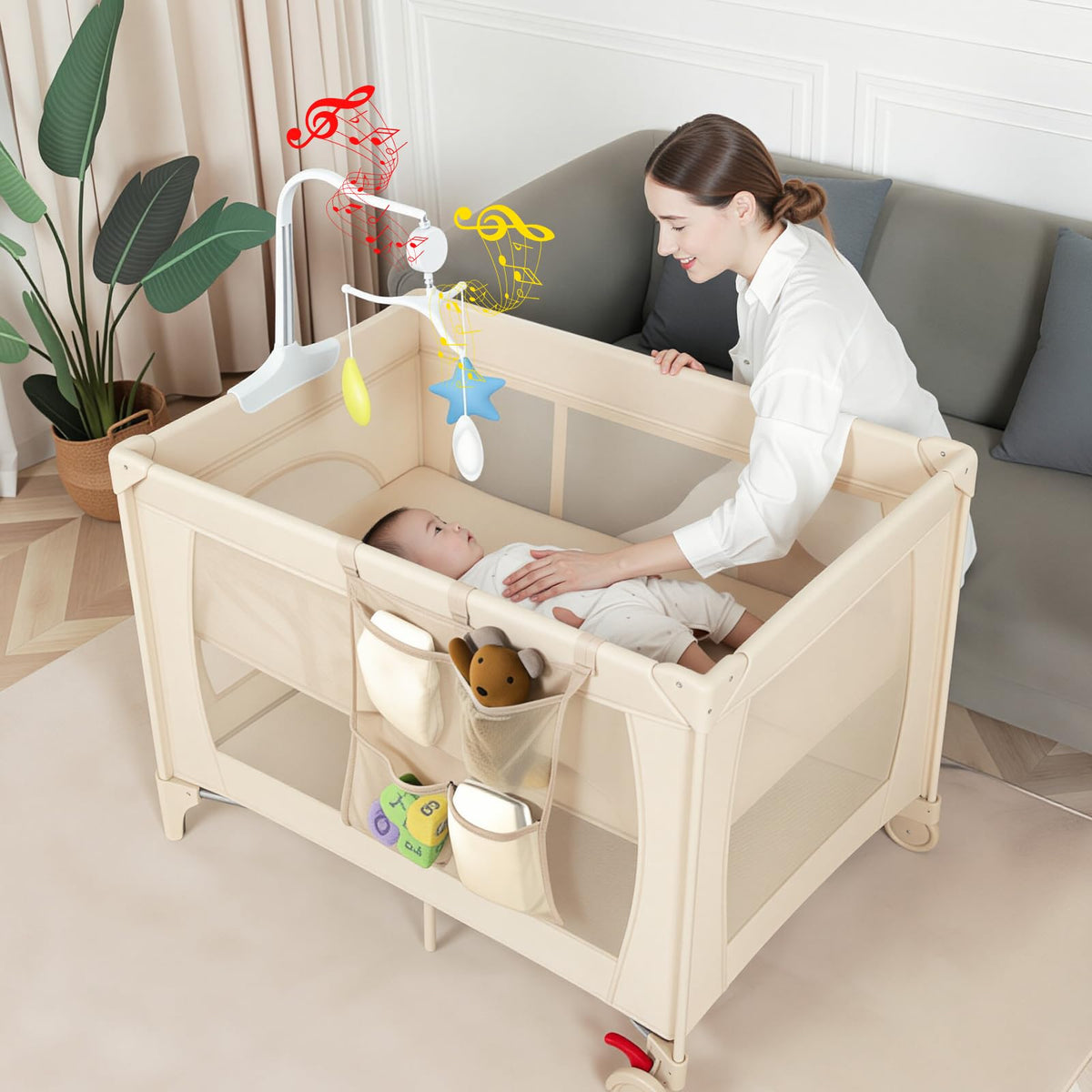 Play Yard,Baby Bassinet,Playpen,Crib, Diaper Changer,Khaki