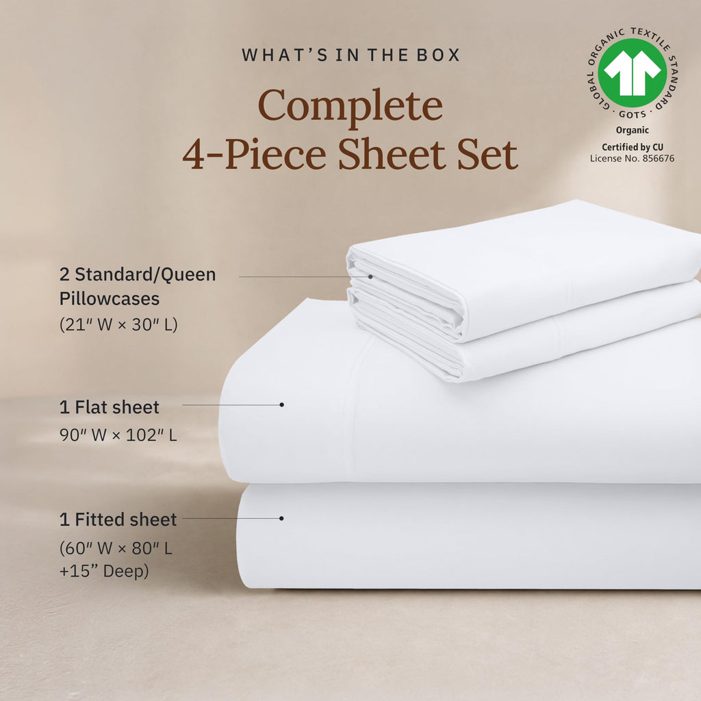 100% Organic Cotton Sateen Sheet Set, White