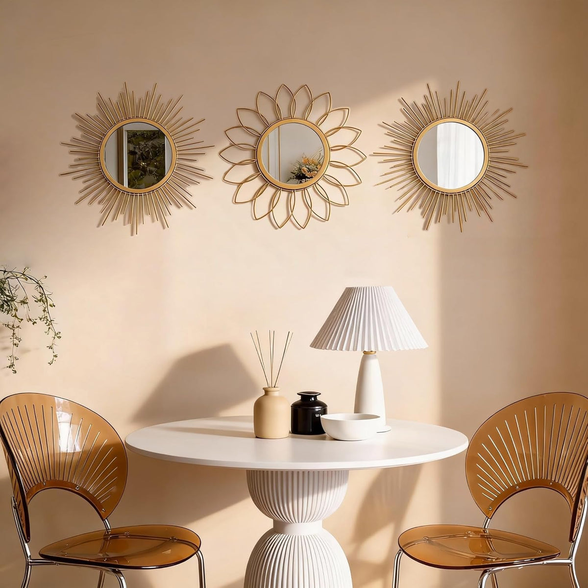 Boho Sunburst Wall Mirror Set of 3, 12 Inch Round Antique & Modern Metal Wall Art, Hanging Over The Door Mirrors