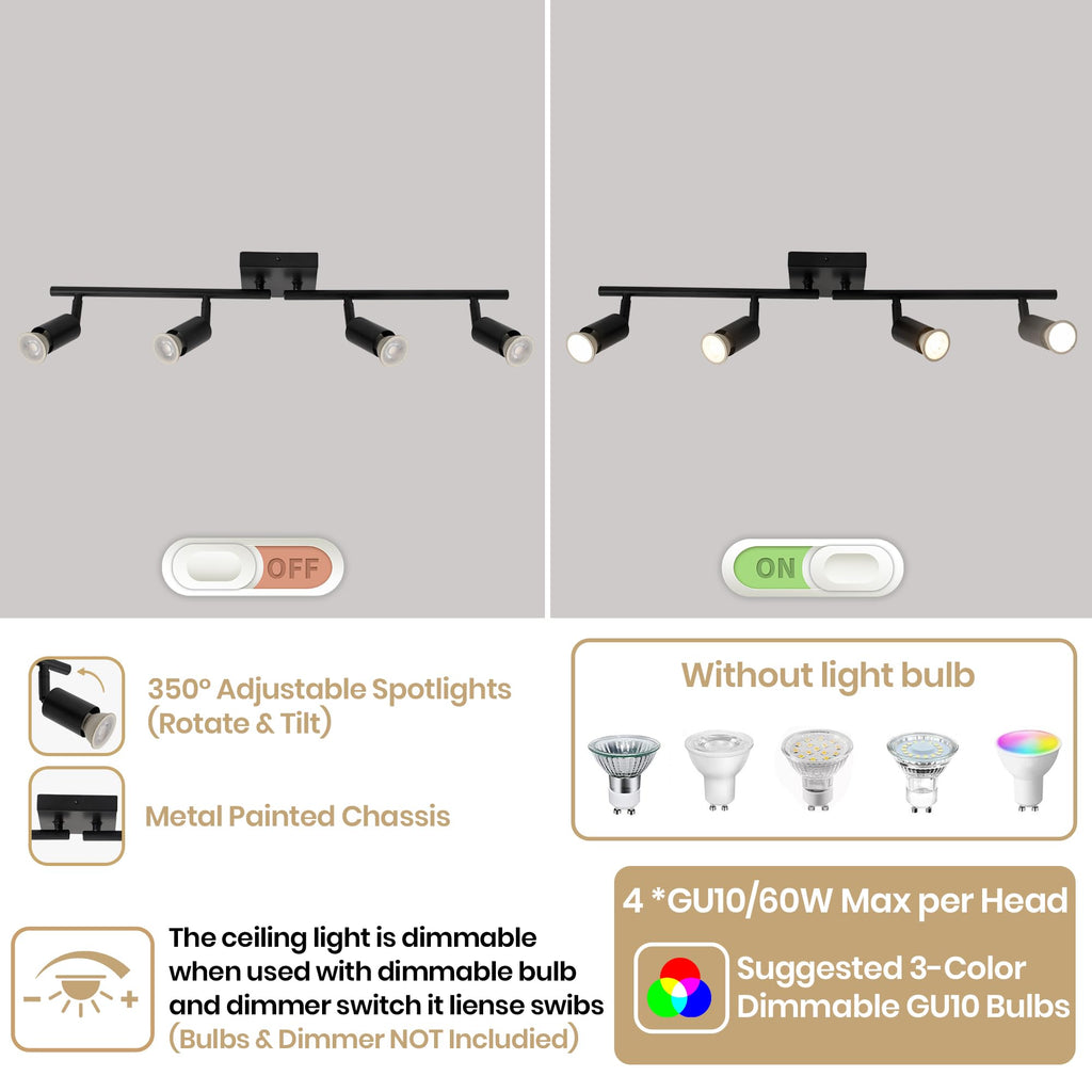 Black Track Lighting Kit - Adjustable GU10 Ceiling Spotlights, Modern Hardwired Flush Mount Fixture Island