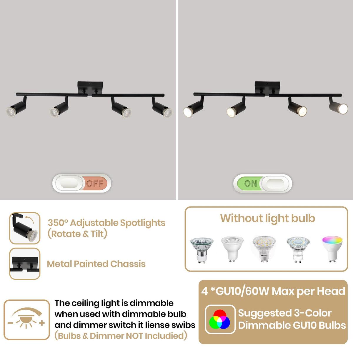 Black Track Lighting Kit - Adjustable GU10 Ceiling Spotlights, Modern Hardwired Flush Mount Fixture Island