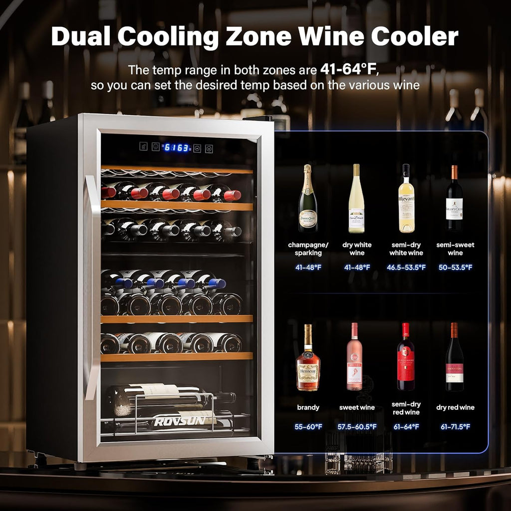 Dual Zone Beverage Cooler Refrigerator, 33 Bottle Chiller with Glass Door & Digital Temperature Control
