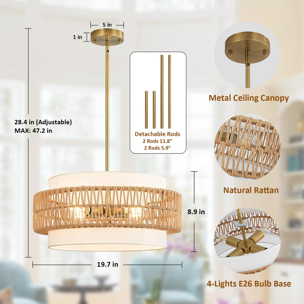 19.7" Rattan Chandelier, 4-Light Boho Pendant Hanging Light