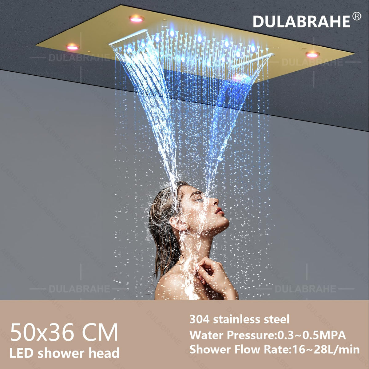 Brushed Gold LED Ceiling Rain Shower Head 14X20 Inch Bathroom Rectangle Embedded Type With Smart LED Lights Control