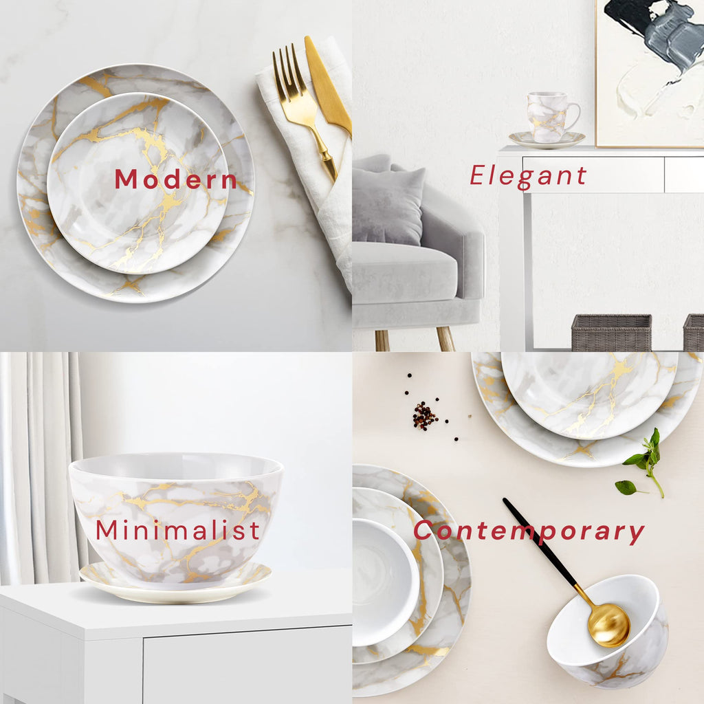 & Co 16-Piece Modern Premium Porcelain Ceramic Dinner Set, Lightweight Designed, Stackable, in Gold Marble/Gray Finish