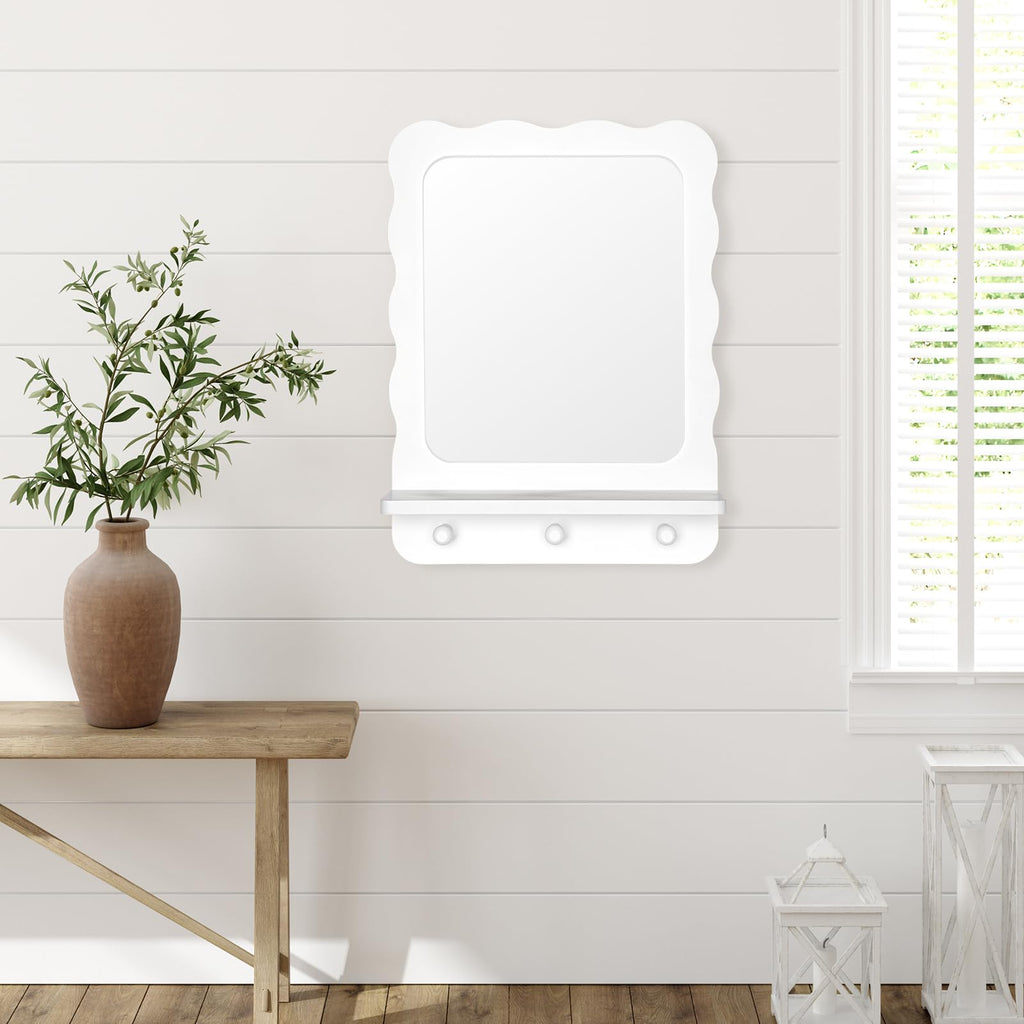 Wood Wall Mount Mirror with Shelf and 3 Hooks, 16 x 12 Inch Modern Scallop Decorative Entryway Mirror, Vanity, White