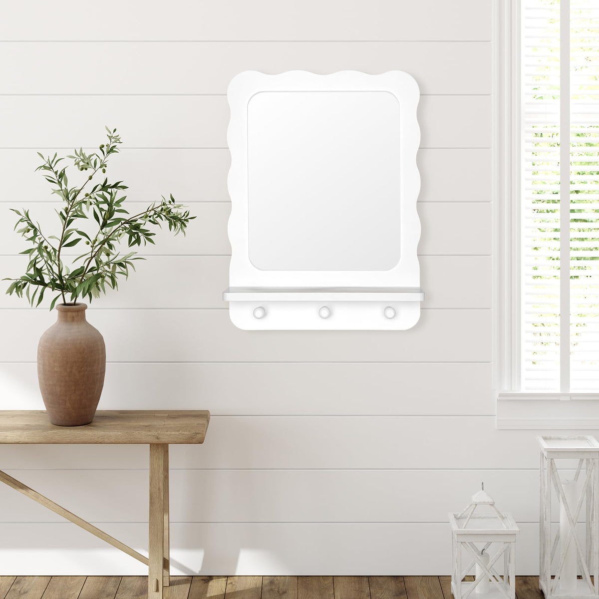 Wood Wall Mount Mirror with Shelf and 3 Hooks, 16 x 12 Inch Modern Scallop Decorative Entryway Mirror, Vanity, White