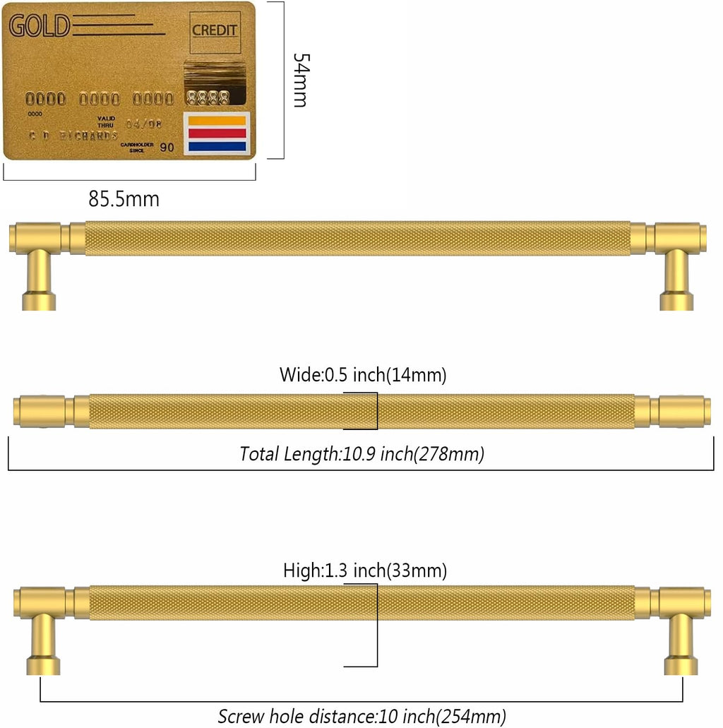 10 Pack Brushed Moderne Brass knurled Cabinet Pulls 10"