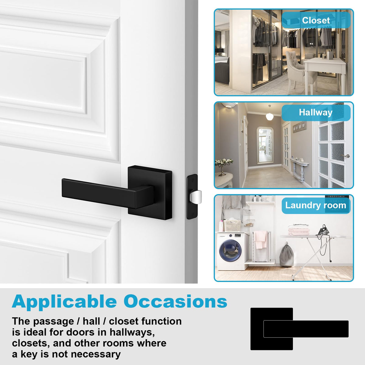 6 Pack Door Handles Matte Black - Passage Door Knobs Interior Square Door Levers, Heavy Duty Non-Locking Leversets