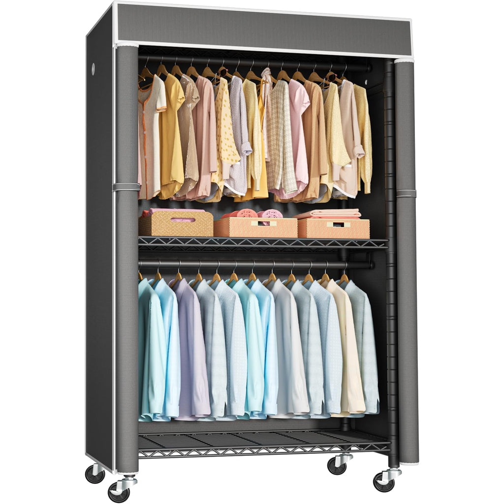 Black Clothing Rack with Dark Gray Cover, P1C Rolling Closets
