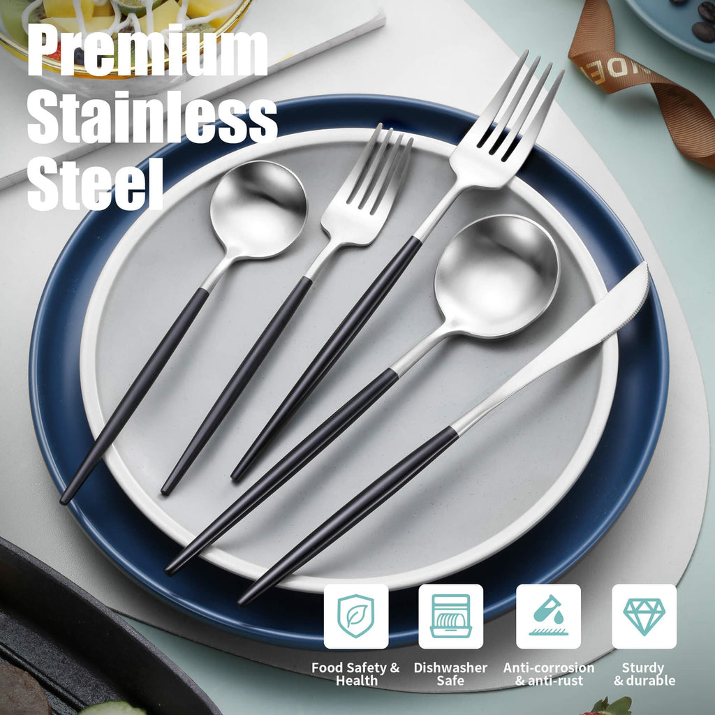 Matte Black Silver Silverware Set for 4,Modern Stainless Steel Brushed Cutlery Set,20-Pieces Heavy Duty Flatware