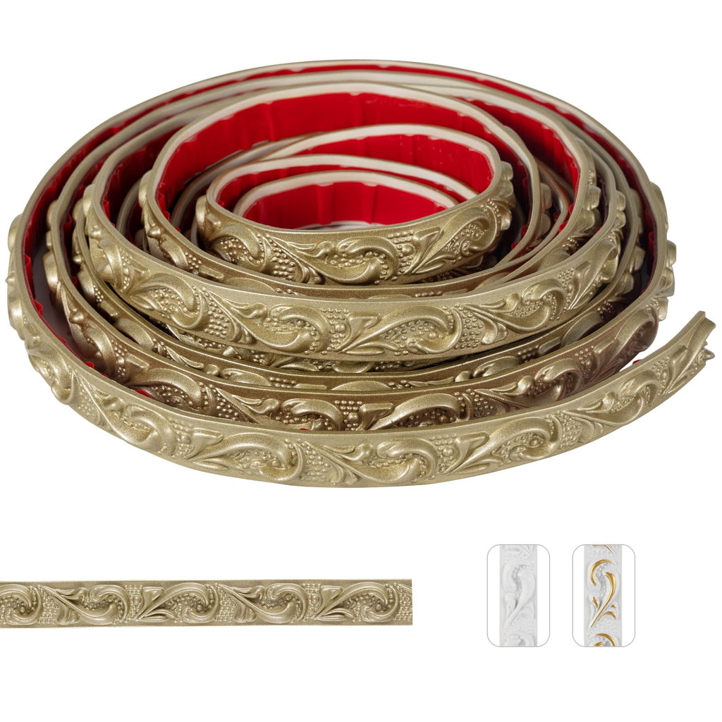 0.8" x16.4FT Champagne Gold Crown Molding Trim - Peel and Stick 3D Floral Wall Trim for Mirror Frames, Furniture &