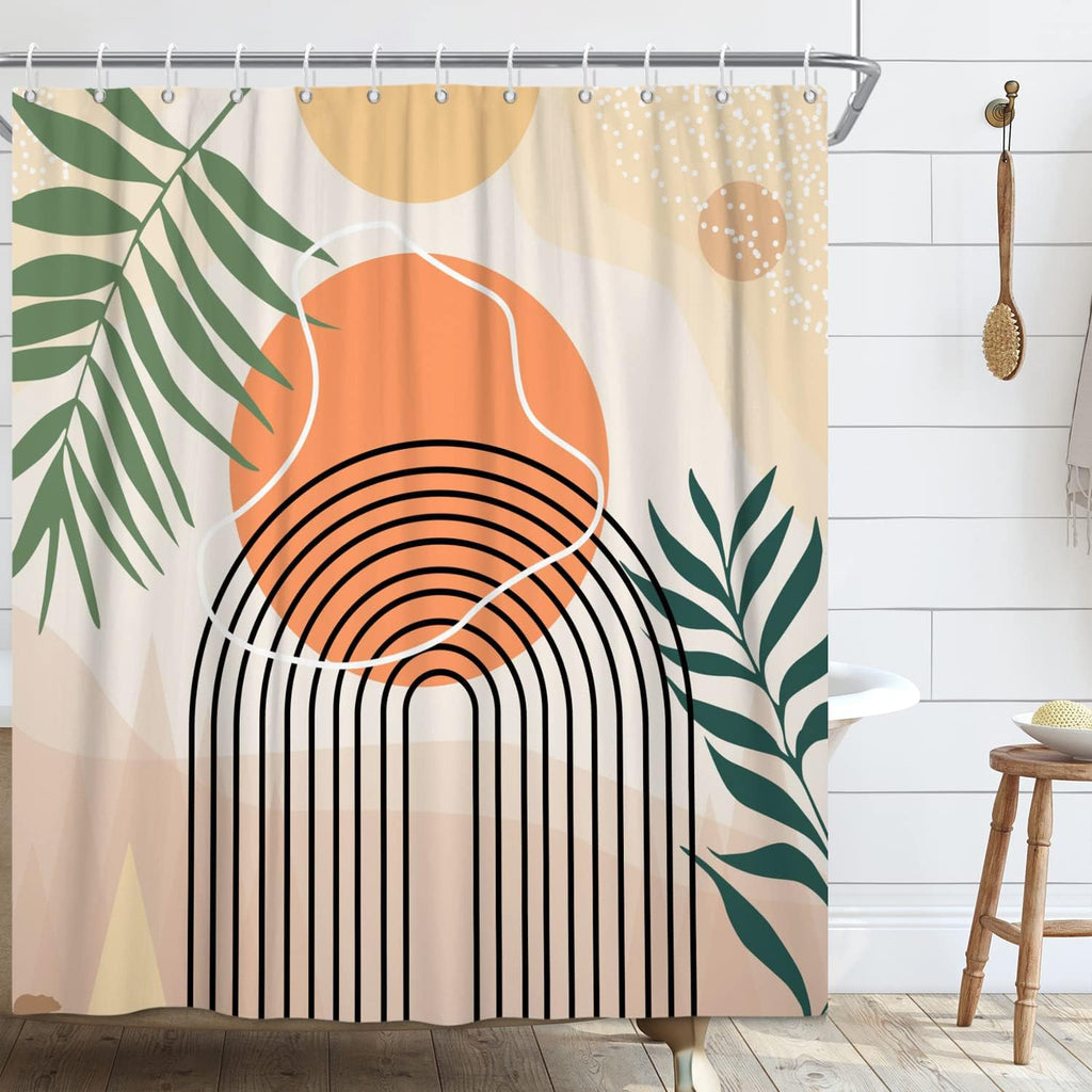 Mid Century Shower Curtain, Stall Abstract Boho Minimalistic Arch Sun Leaf Machine Washable Waterproof Fabric Bathtub
