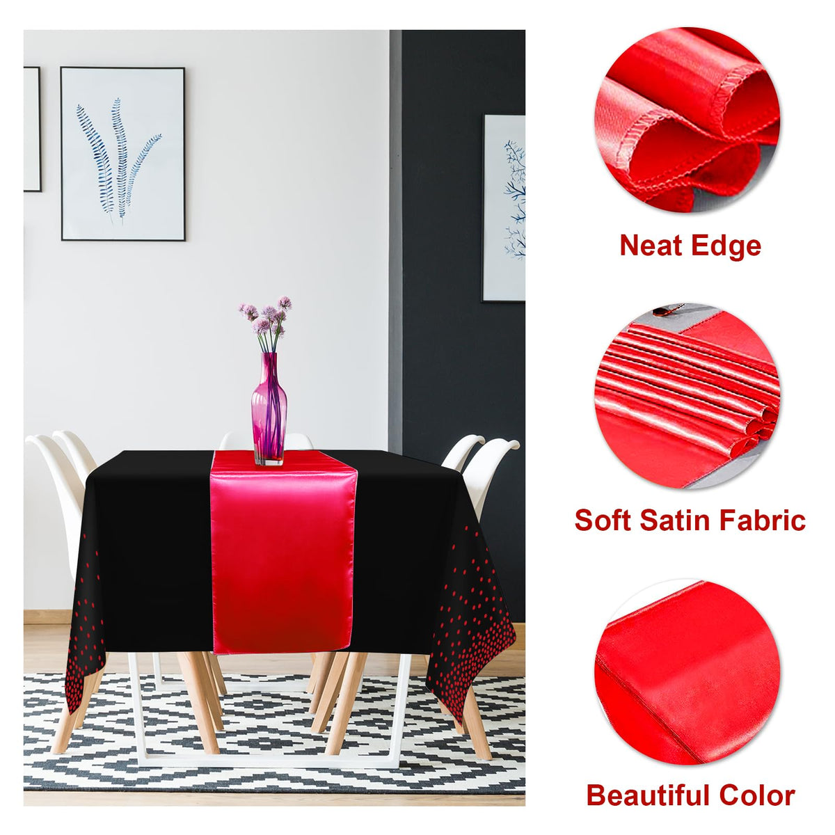 16Pack Disposable Plastic Party Tablecloths and Satin Table Runner Set Black and Red Dot Table Cloth Red Satin Table