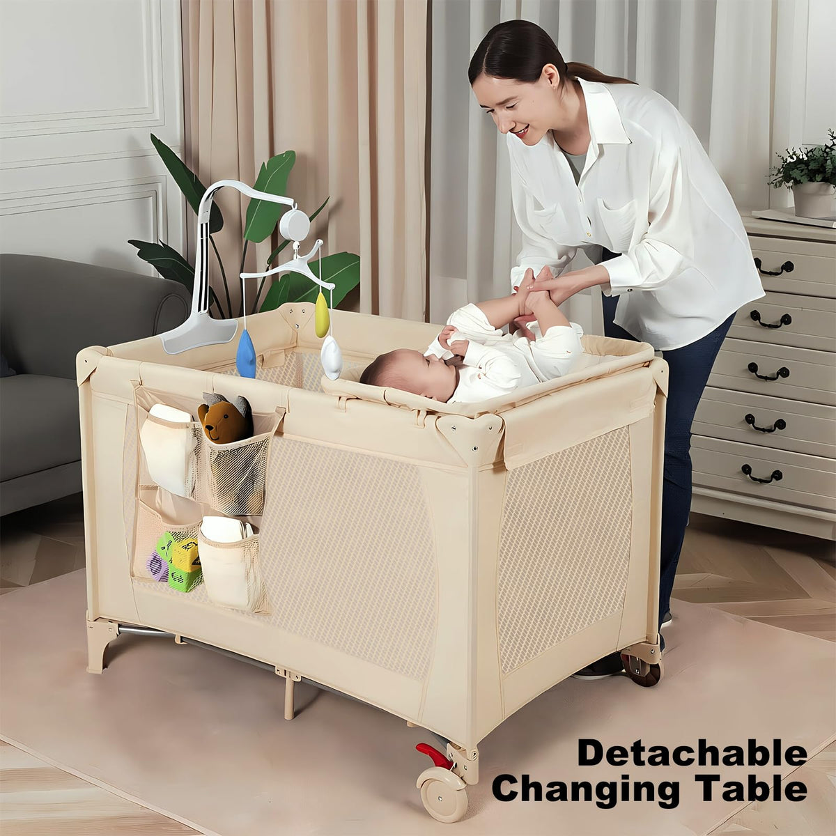 Play Yard,Baby Bassinet,Playpen,Crib, Diaper Changer,Khaki