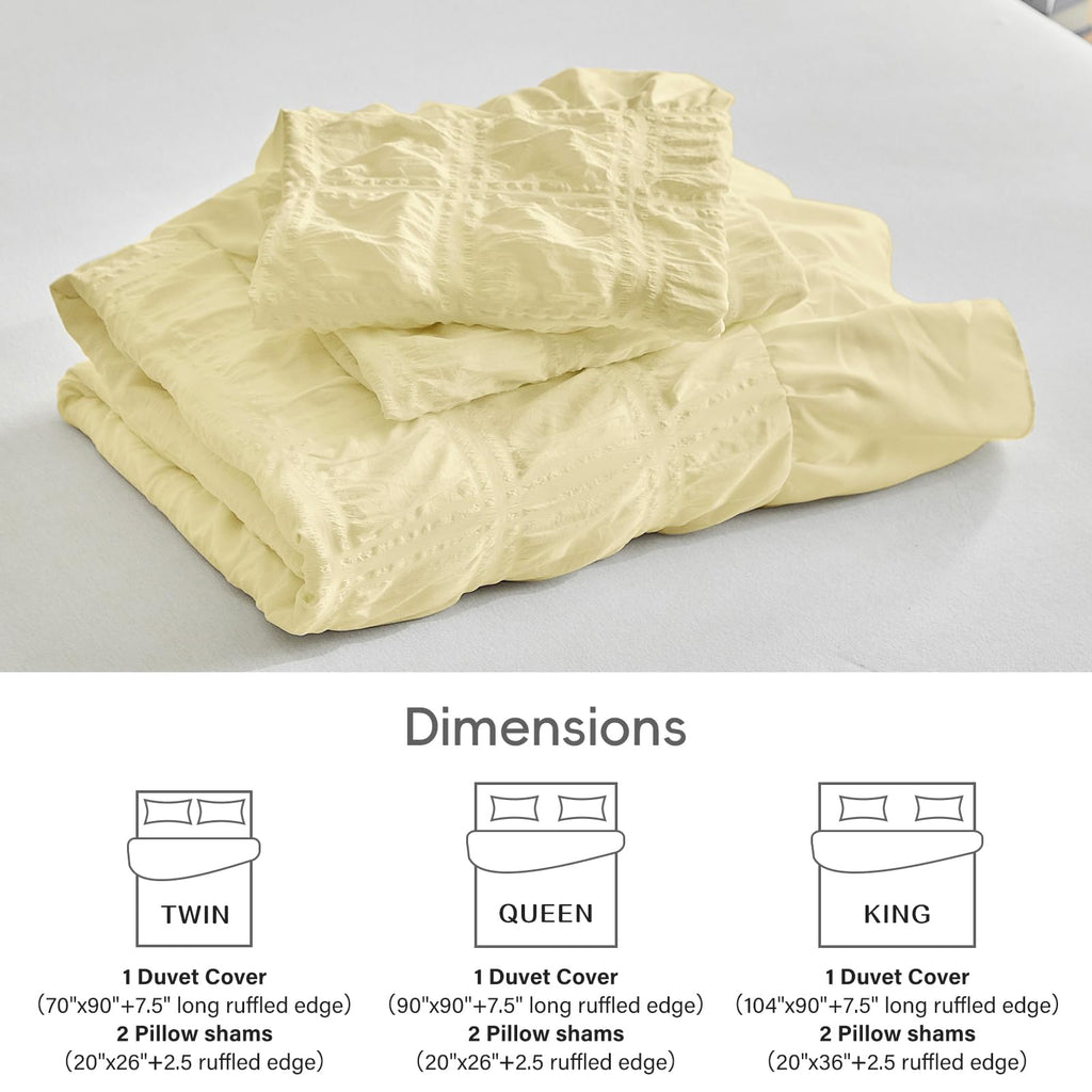 Yellow Plaid Seersucker Duvet Cover Set with Wide Ruffled Fringe, 3 Pieces Soft Bedding Set for All Season