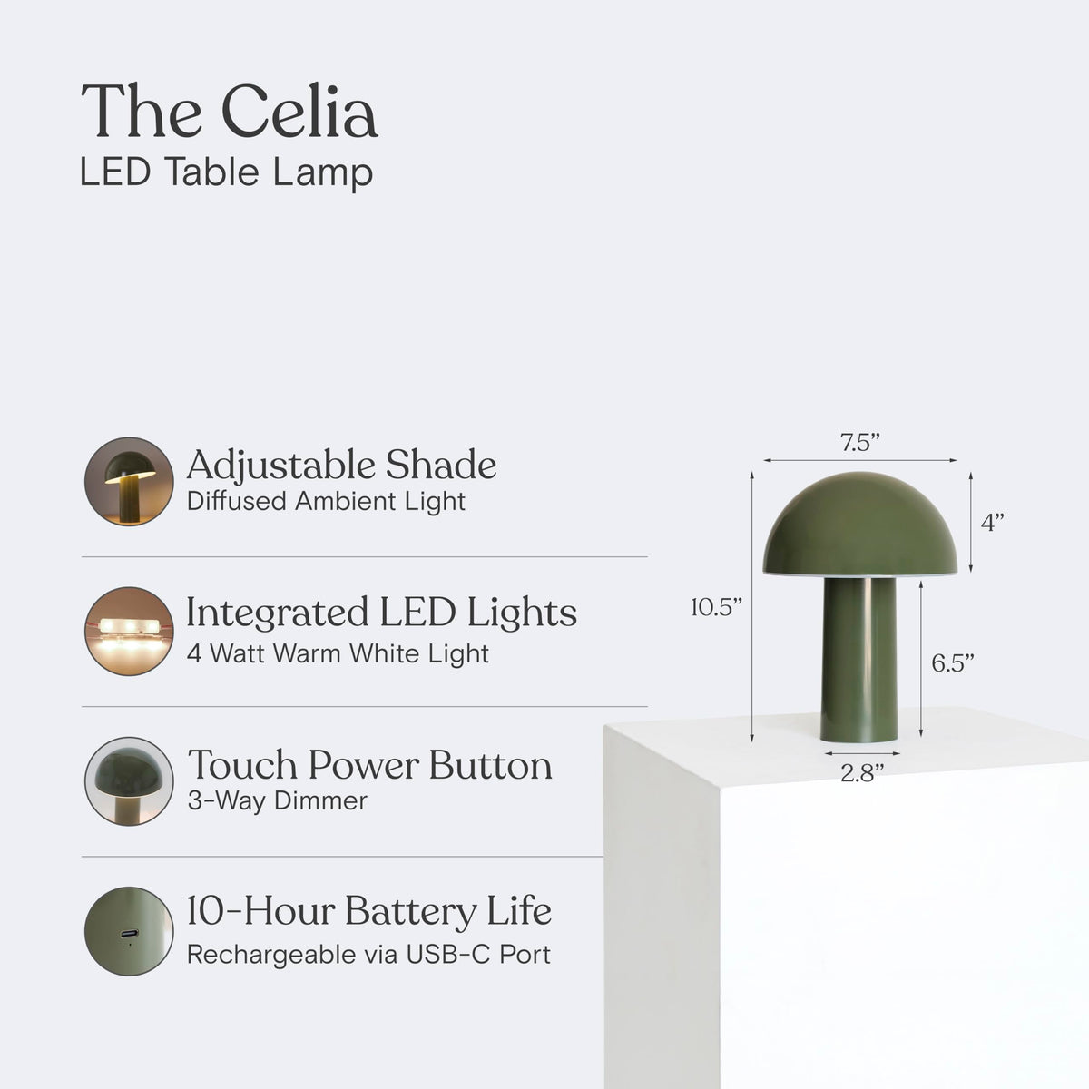 Celia Table Lamp - 10" Touch-Controlled Mushroom Accent Lamp, Cordless & Dimmable LED, Portable Bedside Accent Light