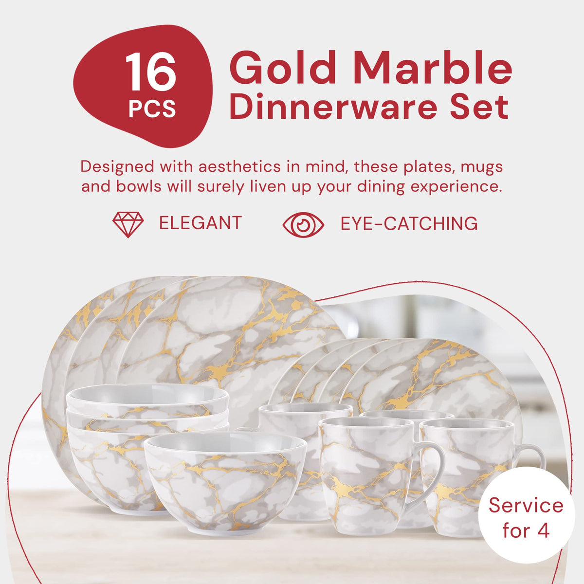 & Co 16-Piece Modern Premium Porcelain Ceramic Dinner Set, Lightweight Designed, Stackable, in Gold Marble/Gray Finish