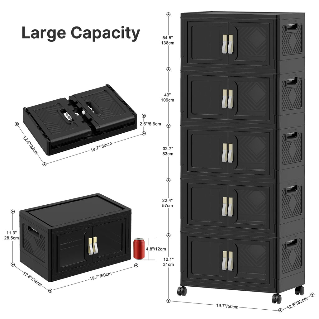 Stackable Storage Bins with Lids, Clear Doors, Large Storage Cabinet Foldable Collapsible Closet Organizers Dorm