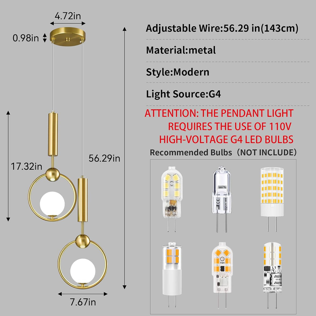 Modern Globe Glass Pendant Light fixtures 2-Light, Simplicity Gold Pendant Lighting, Mid Century Chandelier for Kitchen Island Dining Room Bedroom Entryway Hallway